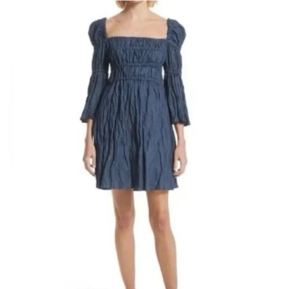Sea New York Crinkle Denim Empire Waist Pockets Puffy Sleeve Dress size 8